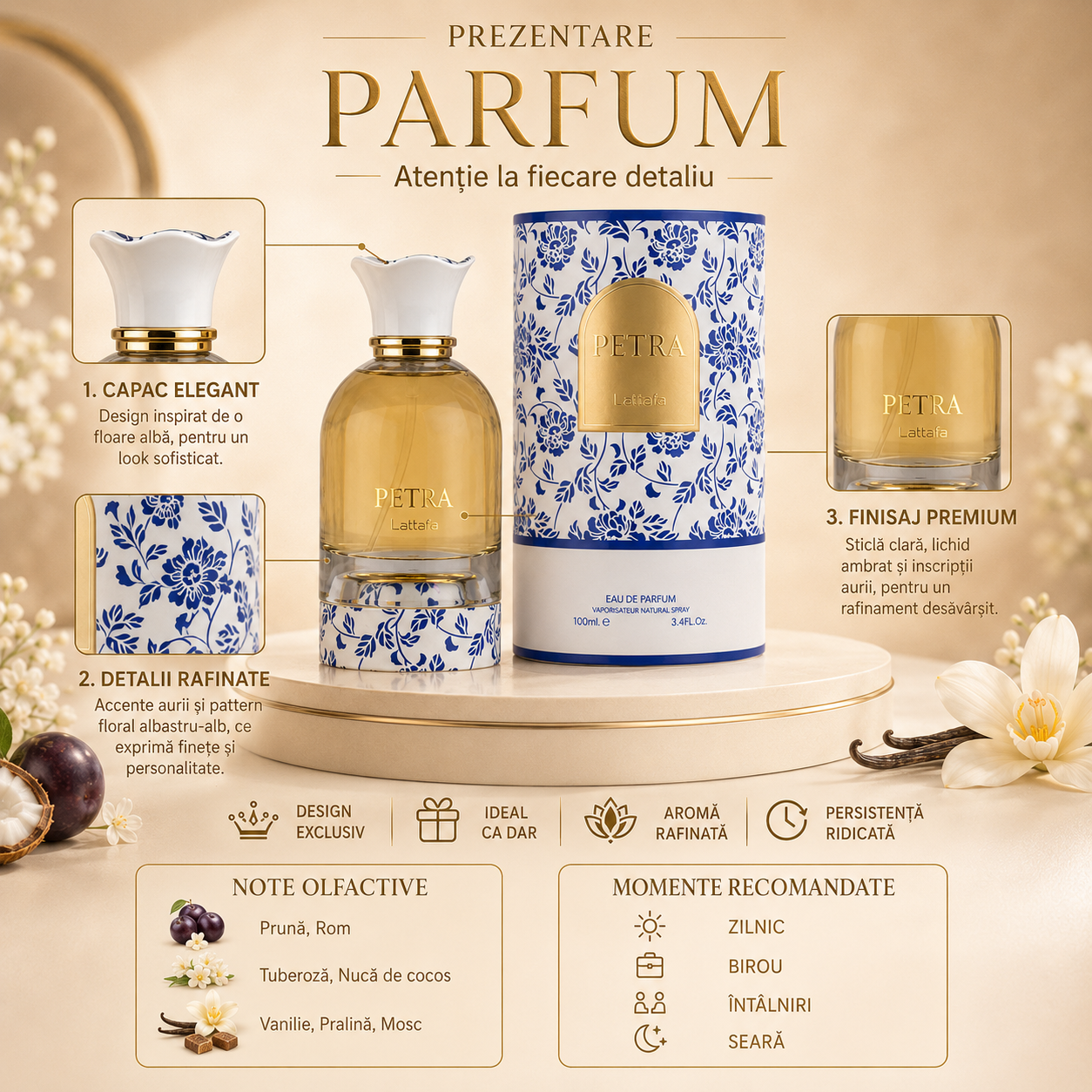 Parfum arabesc Lattafa Petra EDP 100 ml pentru damă și bărbat, unisex, cu flacon și cutie originală